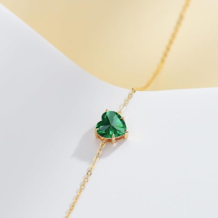 14k Gold Love Heart Gemstone Bracelet for Women,7MM Heart-cut Created Birthstone Anniversary Birthday Mother's Day Bracelets Jewelry for Mom Her 6.5''+2''