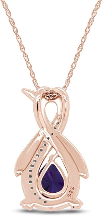 Infinity Penguin Pendant Necklace for Women, 14K Gold Over Sterling Silver with Pear & Round Cut Simulated Birthstone & White Diamond Accents, Dainty Animal Jewelry Gift with 18" Chain