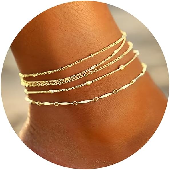 iF YOU Gold Ankle Bracelets for Women, 14k Gold Plated Waterproof Cuban Link Chain Anklets Set, Layered Anklet Bracelets for Women Beach Gift Adjustable Size 5pc