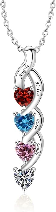 MissNaNa Sterling Silver Personalized Mothers Necklace with Simulated Birthstones Engraved 1-6 Children Names Custom Love Heart Pendant Family Necklace for Women Mother's Day Birthday