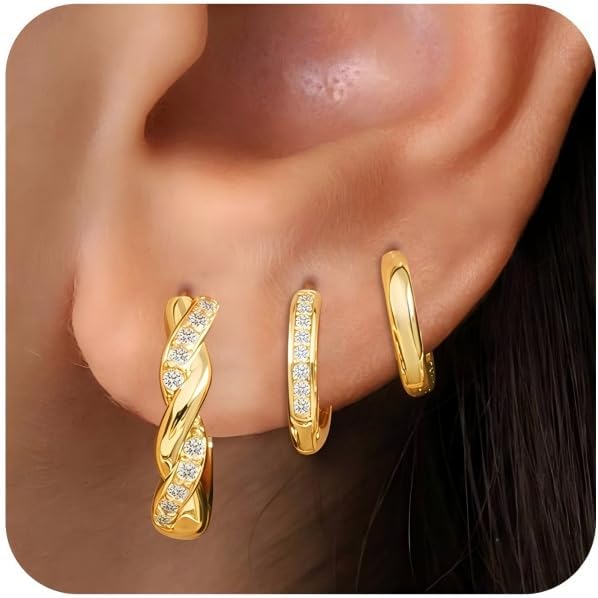3Pairs Small Gold Huggie Hoop Earrings for Women,Romantic heart,Twisted braid two colors,3 CZ Hoop,5 Round Zircon Sport Hoops Earrings Set,14K Gold Filled Silver Hypoallergenic Earring Excellent gift