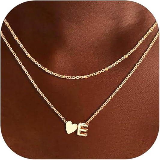 FOCALOOK Layered Initial Necklace for Women, 14K Gold Plated Choker Necklaces Stacks with Initial A-Z, Dainty Silver Heart Pendant Necklace Personalized Birthday Women Jewelry