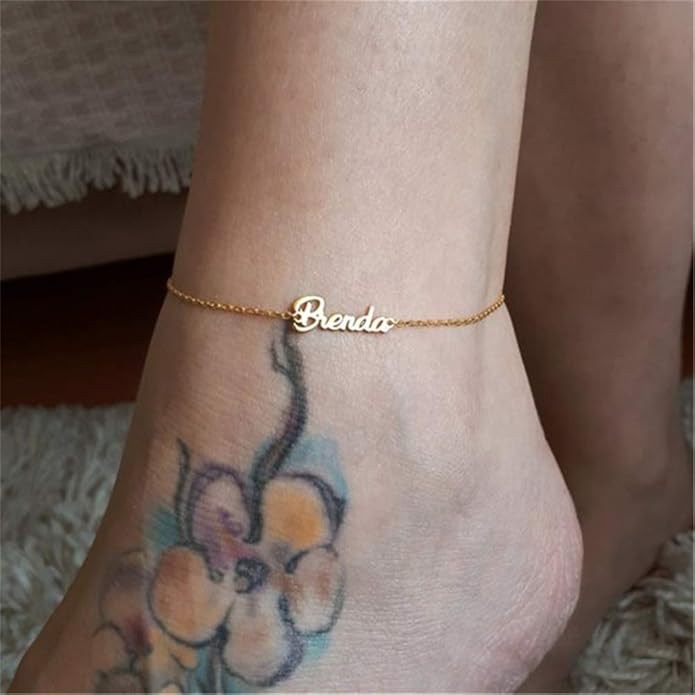 Personalized Name Ankle Bracelet for Women Custom Layered Name Anklet with Initials 18K Gold Plated Graduation Gift Customized Anklets for Women 8.7”-10.7”