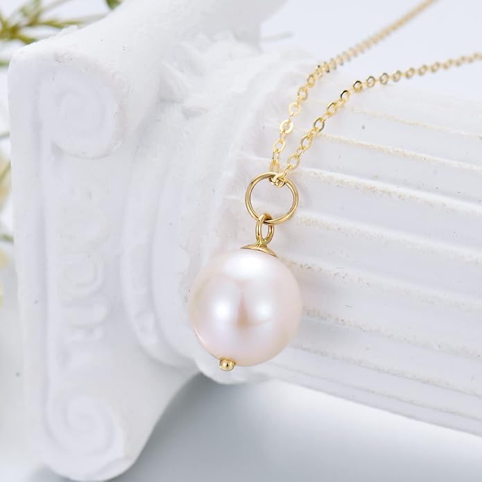 14K Solid Gold Pearl Necklace for Women, Real Gold Freshwater Cultured Single Pearl Pendant Anniversary Jewelry Gifts for Her, Wife, Mom 16"-18"