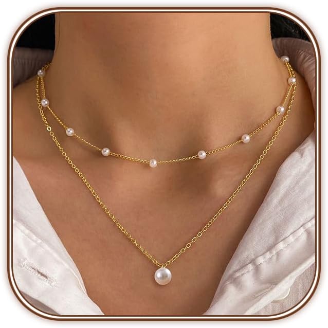 Zeffy Gold Pearl Necklace for Women, Dainty 14K Gold/Silve Plated Layered Pearl Choker Pearl Earrings Pearl Bracelets Wedding Trendy Gold Jewelry Set for Women Gifts