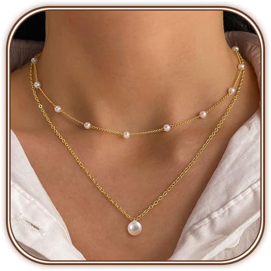 Zeffy Gold Pearl Necklace for Women, Dainty 14K Gold/Silve Plated Layered Pearl Choker Pearl Earrings Pearl Bracelets Wedding Trendy Gold Jewelry Set for Women Gifts