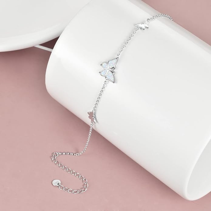 WINNICACA Sterling Silver Butterfly Bracelet Anklet Created Opal Butterfly Jewelry Gifts for Women Birthday Christmas Day Gifts