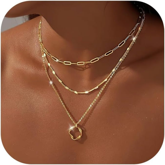 Layered Necklace for Women 14K Gold Plated Dainty Paperclip Herringbone Pearl Cross Pendant Necklace Stack，Layering Chain Cuban Figaro Rope Chain Choker Trendy Gold Jewelry Gift