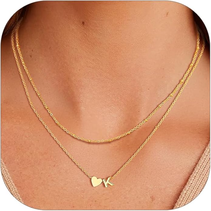 FOCALOOK Layered Initial Necklace for Women, 14K Gold Plated Choker Necklaces Stacks with Initial A-Z, Dainty Silver Heart Pendant Necklace Personalized Birthday Women Jewelry