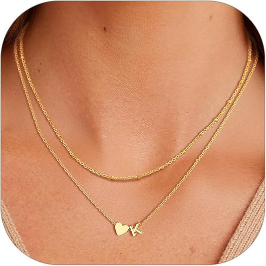 FOCALOOK Layered Initial Necklace for Women, 14K Gold Plated Choker Necklaces Stacks with Initial A-Z, Dainty Silver Heart Pendant Necklace Personalized Birthday Women Jewelry