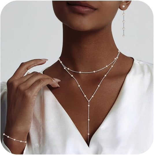 Gold Jewelry Set for Women - Dainty 14K Gold/Silver Plated Pearl Choker Necklace, Drop Earrings & Bracelets - Wedding Trendy Pearl Jewelry Gift