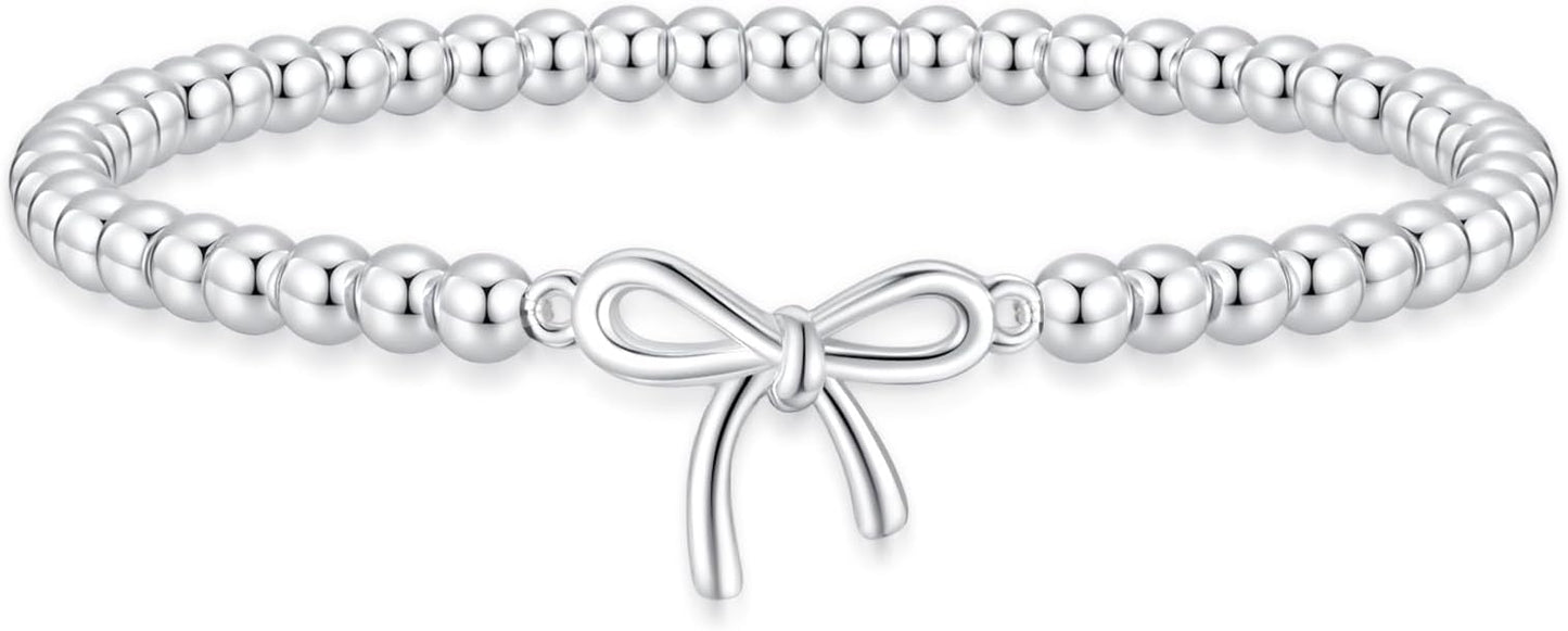 Beaded Bracelet for Women Trendy Stretch Handmade Ball Charm Bracelet Dainty Cross Heart Bow Wave CZ Stackable Jewelry Charm Gifts for Her