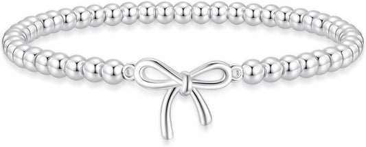Beaded Bracelet for Women Trendy Stretch Handmade Ball Charm Bracelet Dainty Cross Heart Bow Wave CZ Stackable Jewelry Charm Gifts for Her