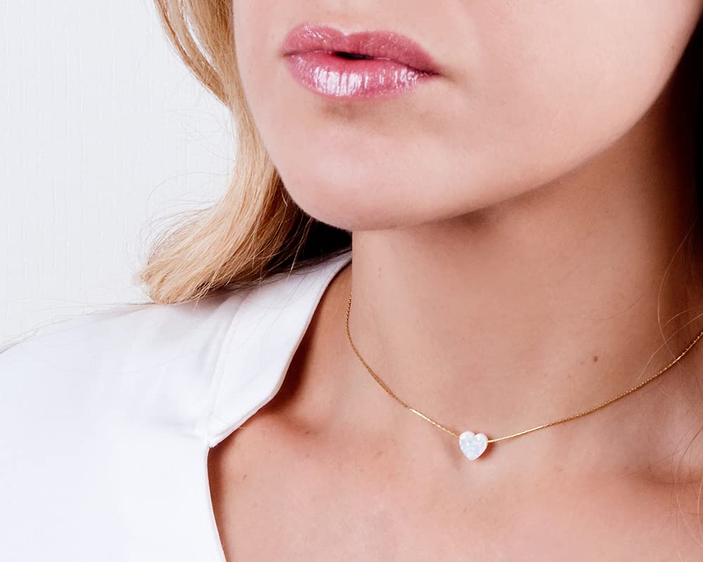 14K Gold Filled White Opal Heart SHORT Choker Necklace - Designer Handmade Necklace for women - 13.5 inch + 3 inch Extender (gold filled, white)