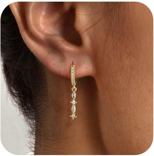 14K Gold Plated Dangle Earrings for Women - Dainty, Trendy, Hypoallergenic CZ Drop Earrings - Simple Long Dangling Jewelry