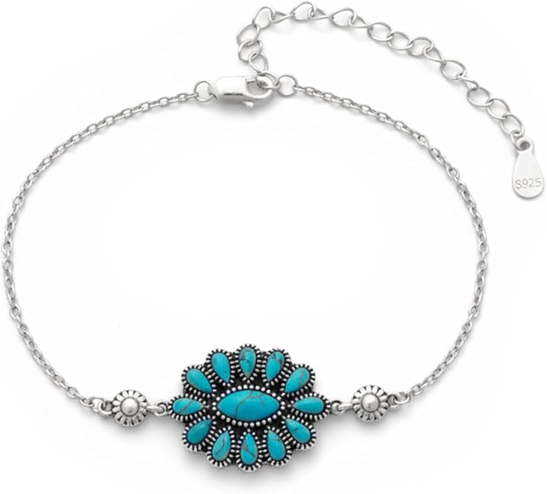 Native American Genuine Turquoise Squash Blossom Bracelet for Women 925 Sterling Silver Boho Turquoise Adjustable Bracelets for Her Wife Mom