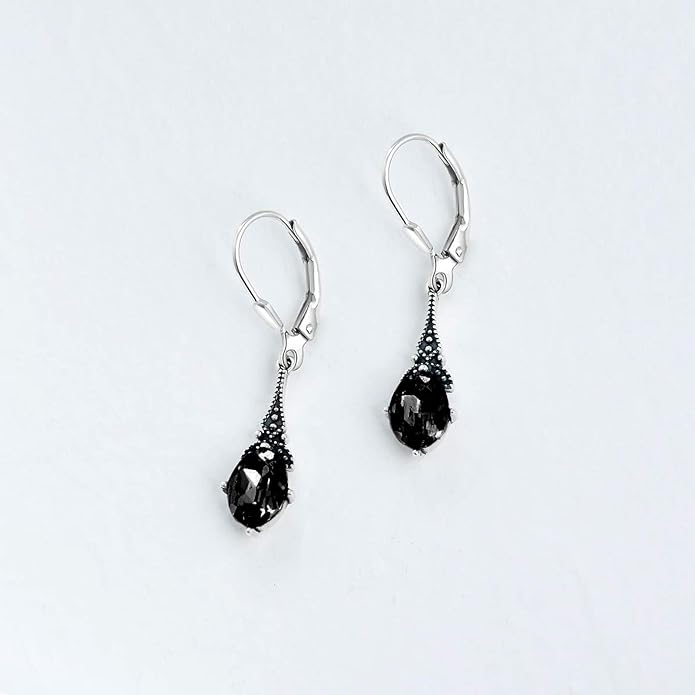 AOBOCO Vintage Earrings for Women Sterling Silver Retro Drop Dangle Leverback Earrings with 8x6mm Oval Genuine or Simulated Birthstone Crystal from Austria, Anniversary Jewelry Gifts for Her Women