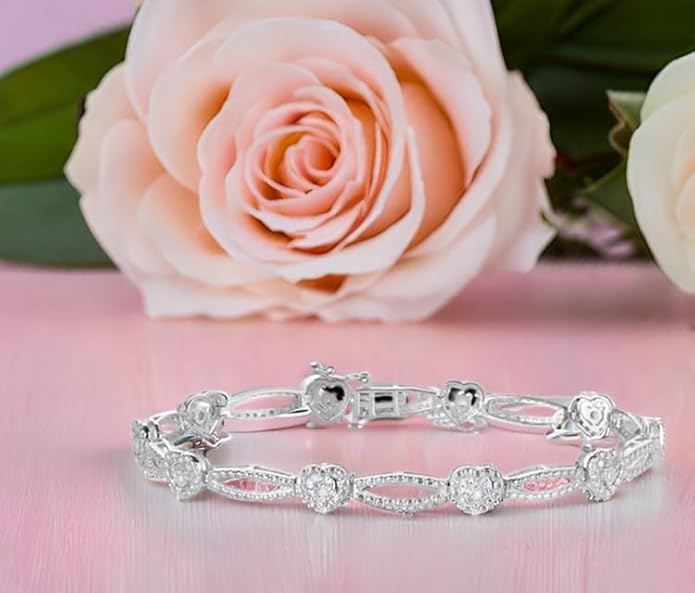 NATALIA DRAKE 1/10 Cttw Heart Link Diamond Tennis Bracelet for Women in 925 Sterling Silver Color I-J/Clarity I2-I3