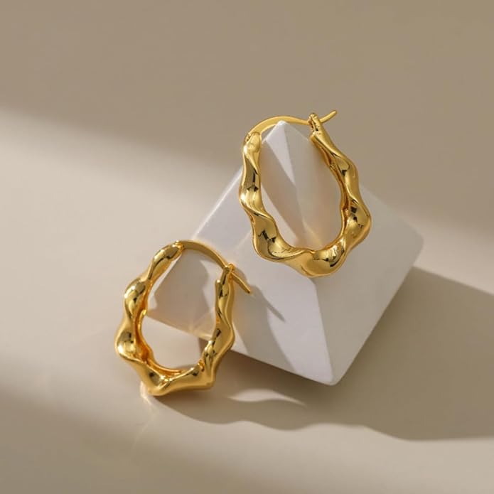 8YEARS Chunky Gold Hoop Earring for Women, 18K Gold Plated Lightweight Thick Hoops, Hypoallergenic Trendy Jewelry for Gift