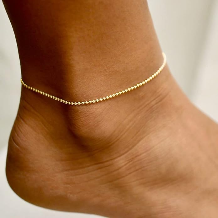 Dainty Ankle Bracelets for Women 18K Gold Plated Satellite Beaded Herringbone Chain Anklets Simple Lip Chain Anklet Minimalist Summer Beach Foot Jewelry Christmas