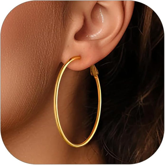 FOCALOOK 14K Gold Plated Lightweight Large Hoops| 2mm Thin Hoop Earrings for Women 30/40/50/70/100mm