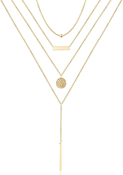 Turandoss Dainty Layered Choker Necklace, Handmade Y Pendant Necklace Multilayer Bar Disc Necklace Adjustable Layering Choker Necklaces for Women