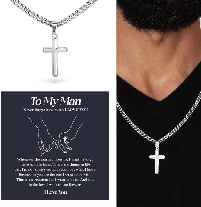 SUTERY Cross Cuban Chain Necklace - Promise Necklace for Him, Necklace for Boyfriend, Mens Necklace for Fiance, Valentine's Day