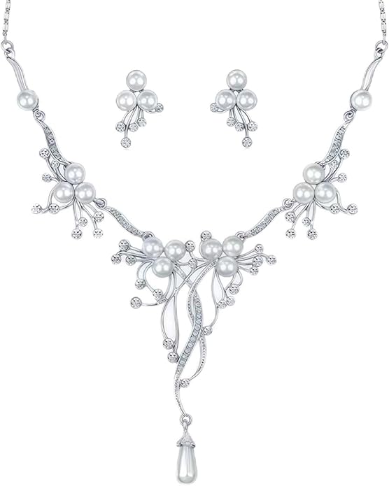 la luen Pearl Bride Wedding Jewelry Set Faux Pearls Crystal Rhinestone Necklace Earrings Bracelet Sets for Women Bridesmaid(3 PCS)