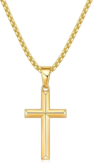 Fiusem Beveled Edge Cross Necklace for Men, Silver Tone/Black/14K Gold Plated Mens Cross Necklace, 2.5MM Stainless Steel Box Chain with Pendant