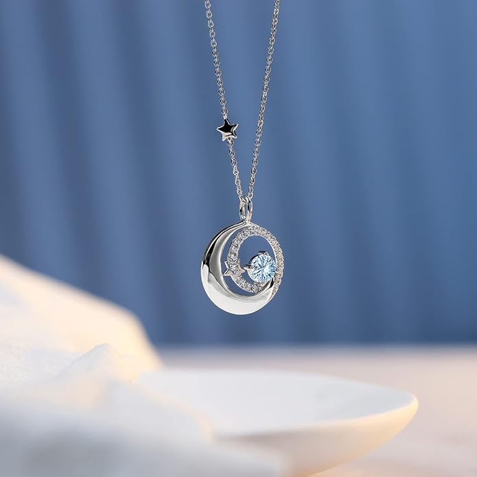FANCIME Birthstone Necklaces 925 Sterling Silver Moon and Star Pendant Fine Jewelry Birthday Christmas Gifts for Mom Wife Her Daughter, Adjustable Chain 16+2"