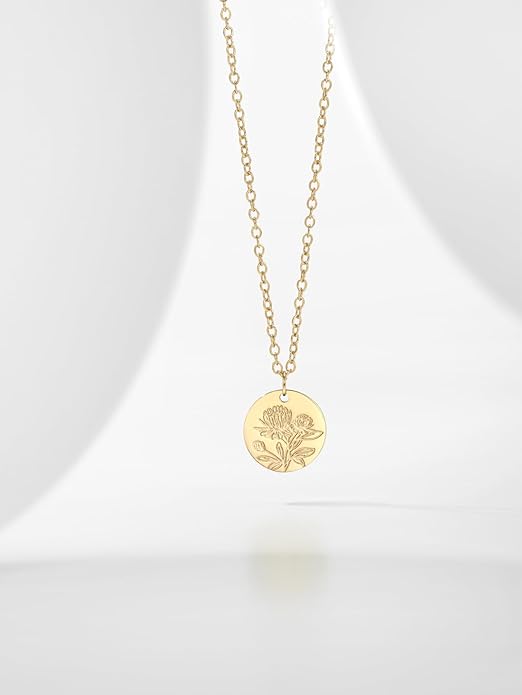 Birth Flower Necklace, 14K Gold Plated Floral Pendant Necklaces for Women, Simple Dainty Birth Month Flower Necklace, Birthday Jewelry for Women - 12 Month