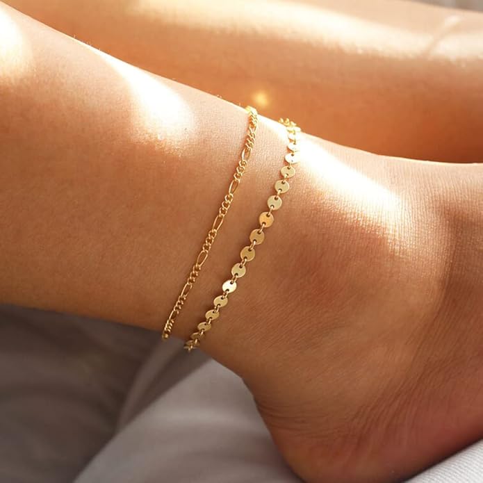 Dainty Ankle Bracelets for Women 18K Gold Plated Satellite Beaded Herringbone Chain Anklets Simple Lip Chain Anklet Minimalist Summer Beach Foot Jewelry Christmas
