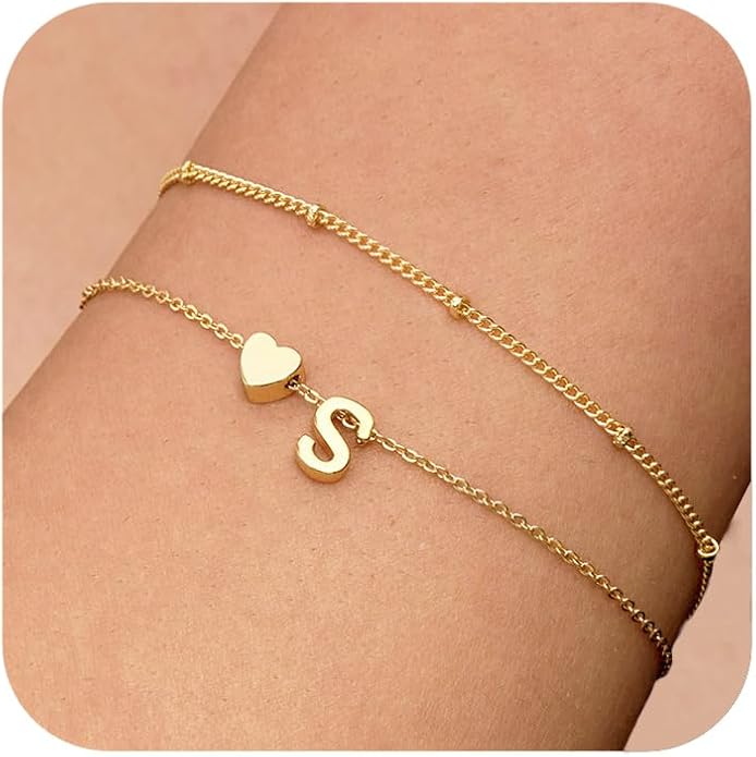 DEARMAY Dainty Initial Heart 14K Gold Plated Bracelets for Women Trendy, Letter Charm Bracelet Jewelry Cute Simple Fashion Chain Gift