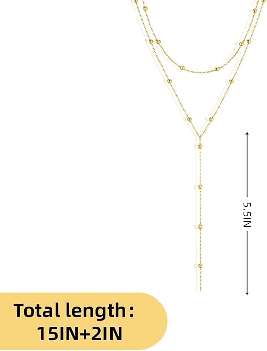 Gold Plated Long Necklace for Women, Layered Y-Shape Lariat Drop Pendant Chain with Beaded Accents, Adjustable Dainty Simple Trendy Jewelry Gift ﻿