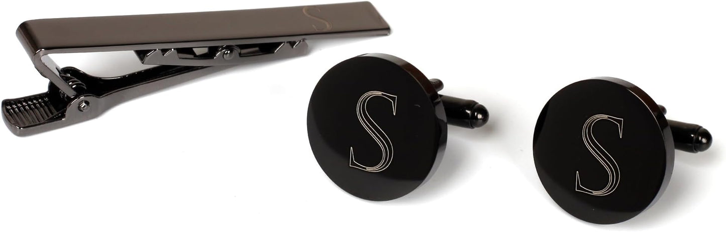 Mens Initial Cufflinks and Tie Clip A-Z Alphabet Letter Black Stainless Cuff Links Tie Bar with Engraved Walnut Wood Box Groom Groomsman Wedding Set