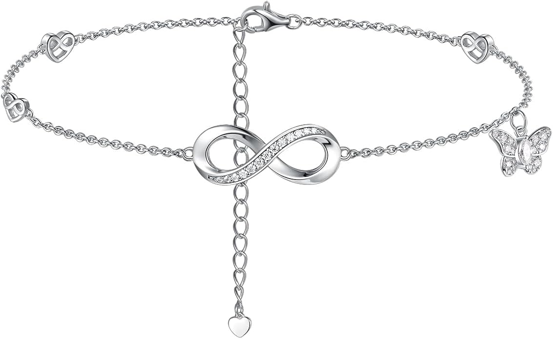 Moissanite Infinity Anklet for Women, Real Authentic 925 Sterling Silver Hypoallergenic, Beautiful Summer Jewelry, Dainty Ankle Bracelet, 8.6-10.6inch (21-26cm) Adjustable