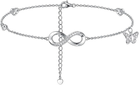 Moissanite Infinity Anklet for Women, Real Authentic 925 Sterling Silver Hypoallergenic, Beautiful Summer Jewelry, Dainty Ankle Bracelet, 8.6-10.6inch (21-26cm) Adjustable