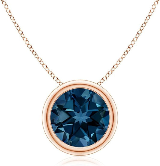 Angara Natural London Blue Topaz Solitaire Pendant for Women | Round Blue Topaz Pendant Necklace in 14K Solid Gold/Silver/Platinum With 18" Chain | December Birthday, Gemstone Jewelry Gift