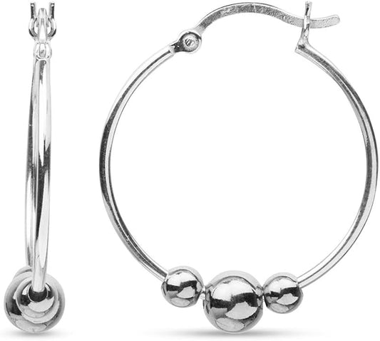 LeCalla 925 Sterling Silver Beaded Ball Hoop Earrings | Lightweight Sleeper Bead Ball Earring Hoops | Cape Style Hoop Earrings for Women