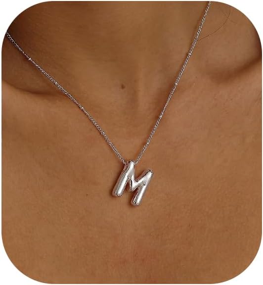 Initial Necklaces for Women, 14k Gold Plated Bubble Letter Necklace Chunky Gold Necklace Dainty Charm Initial Necklaces for Women Trendy Custom Preppy Stocking Stuff Necklace Christmas Gifts