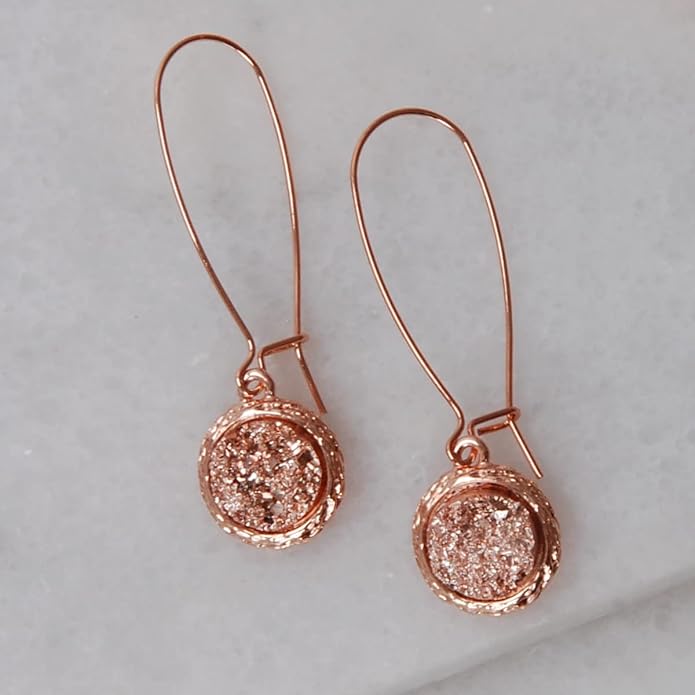Simulated Druzy Threader Drop Earrings for Women - Gold, Silver, or Rose Gold Tone Trendy Boho Dangles with Sparkly Round Stone