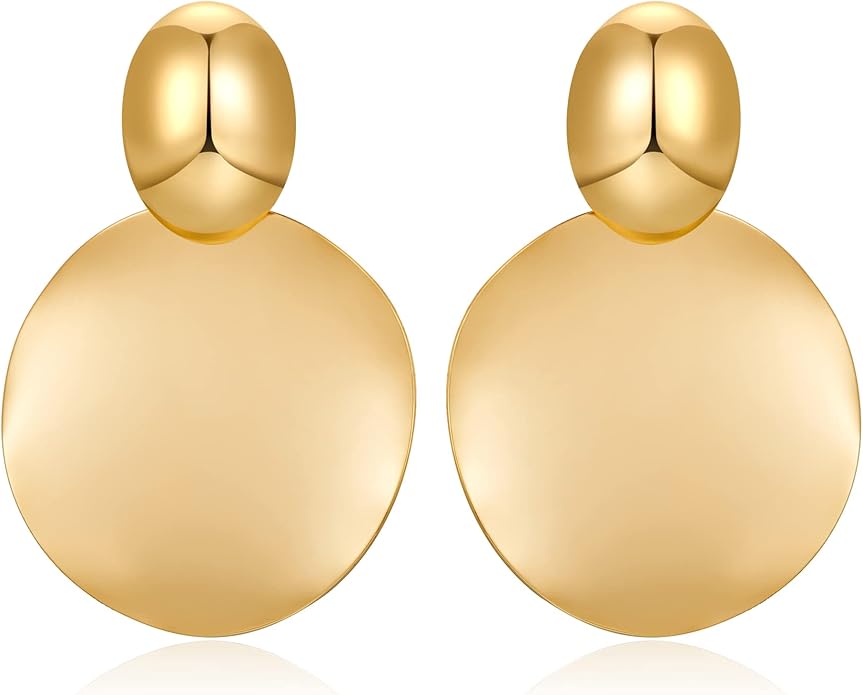 FAMARINE Big Disc Drop Earrings Gold Dangle Earrings Round Hammered Earrings Women