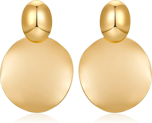 FAMARINE Big Disc Drop Earrings Gold Dangle Earrings Round Hammered Earrings Women
