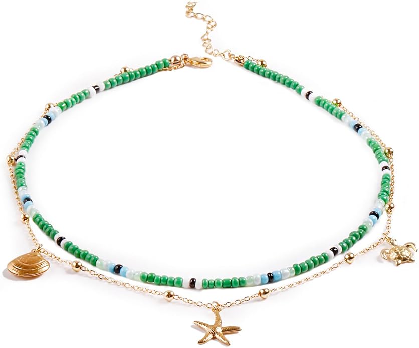 Da Piao Liang Handmade Multilayered Colorful Seed Beads Choker Necklace – Boho Starfish Creative Beach Jewelry for Women – Summer Necklace