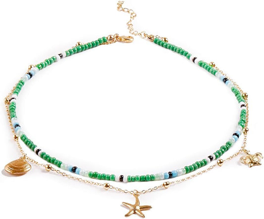 Da Piao Liang Handmade Multilayered Colorful Seed Beads Choker Necklace – Boho Starfish Creative Beach Jewelry for Women – Summer Necklace
