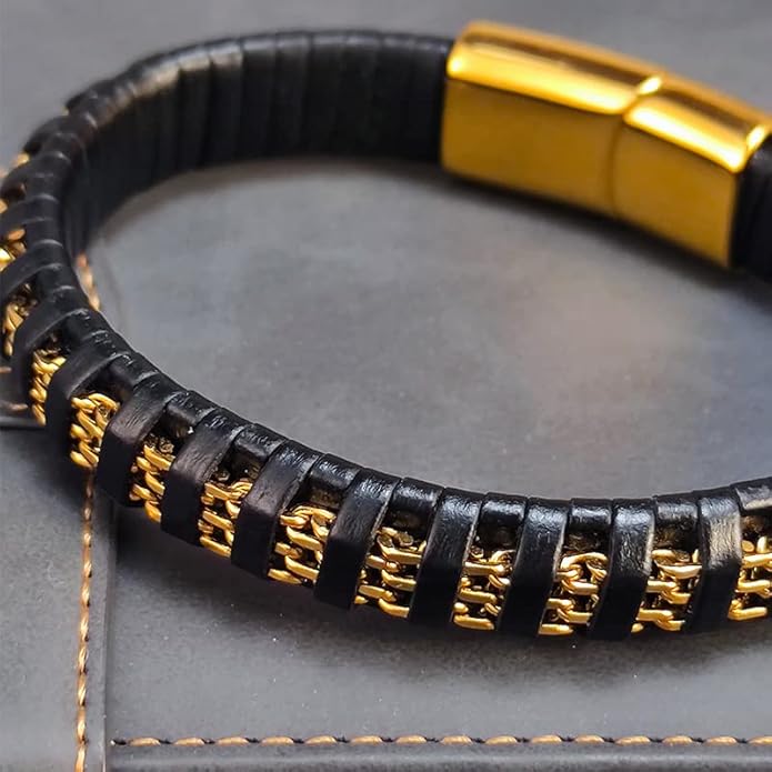 Premium Leather Bracelets for Men Black Leather Gold Plated Bracelets Braided Leather Wristbands Accessories Great Ideas for Men's Jewelry