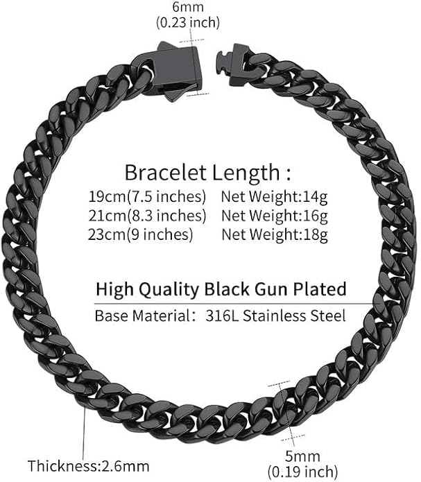 ChainsHouse Stainless Steel Cuban Link Bracelet for Men, 5mm/7mm/9mm/12mm Width, 7.5"/8.3"/9" Length, Black/18K Gold Plated Chain Wrist Bracelets for Men, with Gift Box
