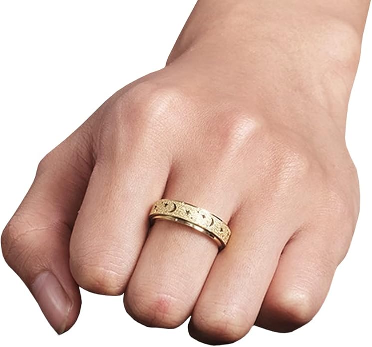 AmorArtSky Anxiety Ring for Women Men, Titanium Stainless Steel Spinner Ring, 5 Colors, 6MM, Size 6-10, 3 Styles Anxiety Ring-Moon Star, Sandblasted Finished, Hollow Outer
