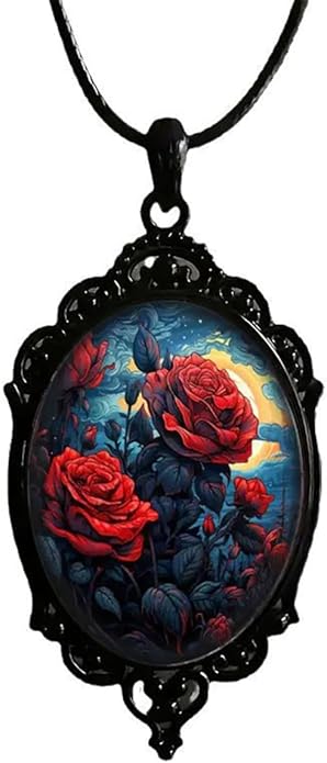 Gothic Rose Glass Necklace for Women Vintage Satan Demon Pendant Halloween Roses Necklaces Dark Punk Style Necklace Victoria Emboss Necklaces Mystic Witch Jewelry Gift Accessories