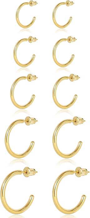 Minimalist Hoops for Women - 14K Gold Open Huggie Hoop Earrings, Hypoallergenic Tiny Hoops in Gold and Silver (Set of 1-5 Pairs)
